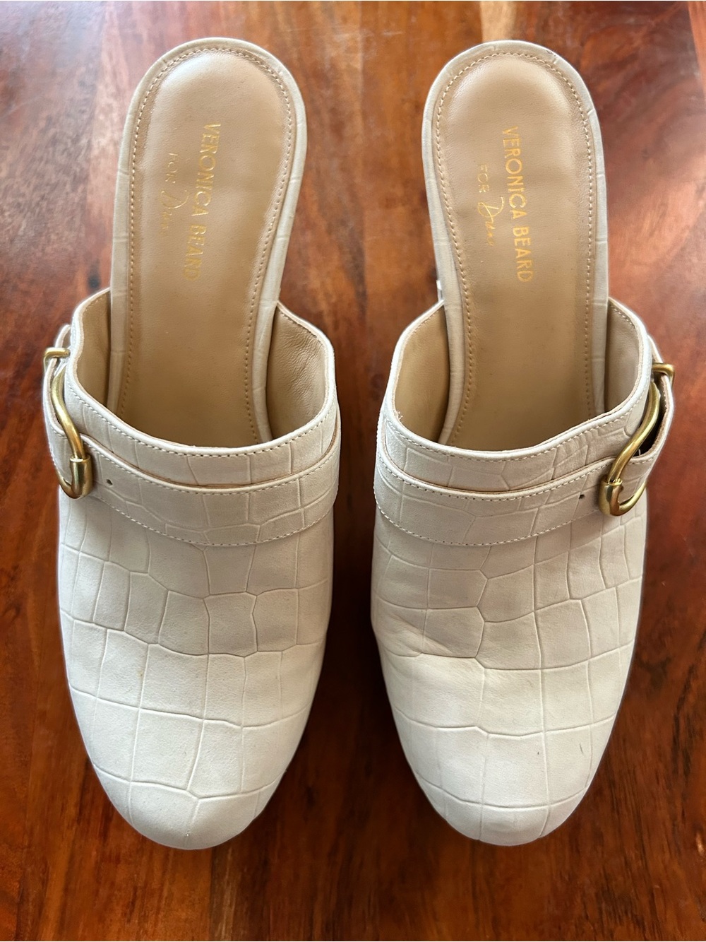 Veronica Beard Cream Croc-Embossed Leather Mule Clogs with Gold Buckle - Picture 5 of 10